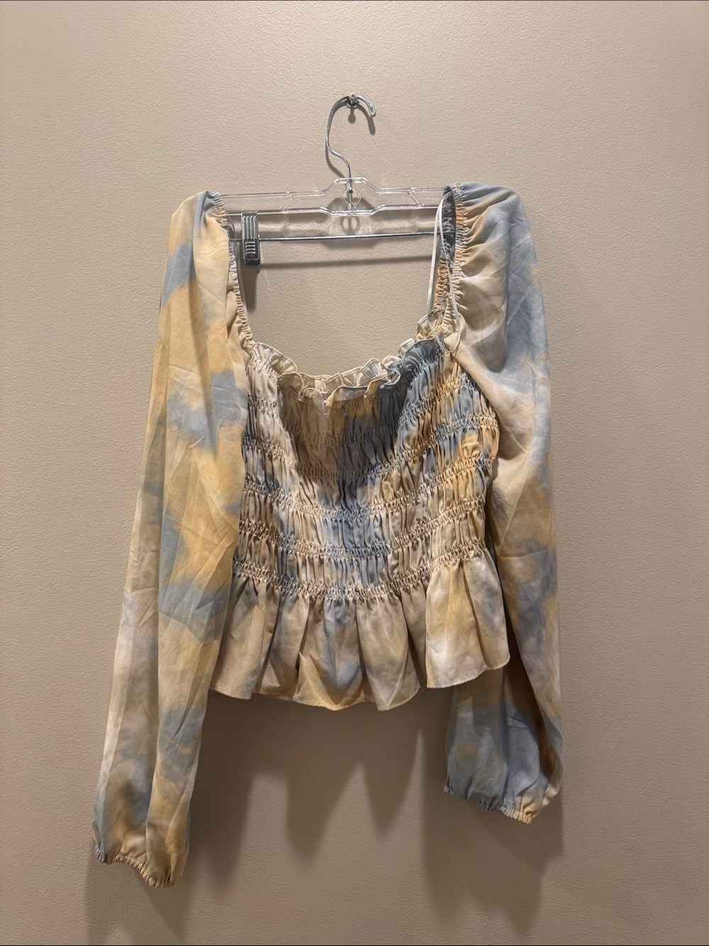 Smocked Long-Sleeve Peasant Top in Yellow and Blue